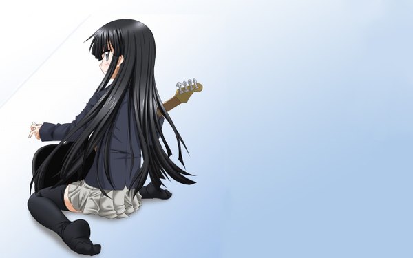 Anime picture 1280x800 with k-on! kyoto animation akiyama mio ao uribou single long hair fringe black hair simple background wide image sitting blunt bangs wallpaper gradient background wariza blue background third-party edit extended girl thighhighs