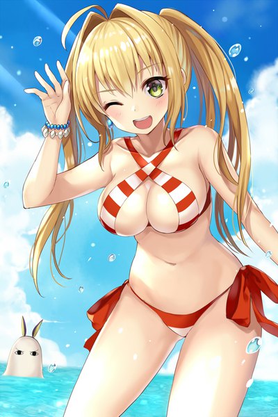 Anime picture 1000x1499 with fate (series) fate/grand order fate/extra nero claudius (fate) (all) nero claudius (swimsuit caster) (fate) nitocris (fate) nitocris (swimsuit assassin) (fate) harimoji long hair tall image looking at viewer blush fringe breasts open mouth light erotic blonde hair smile hair between eyes large breasts
