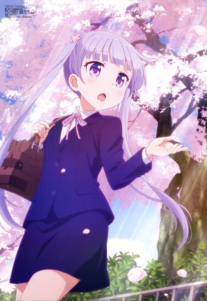 Anime picture 4083x5930 with new game! megami magazine doga kobo suzukaze aoba kubo mariko single long hair tall image blush highres open mouth twintails purple eyes looking away absurdres purple hair official art cherry blossoms girl skirt