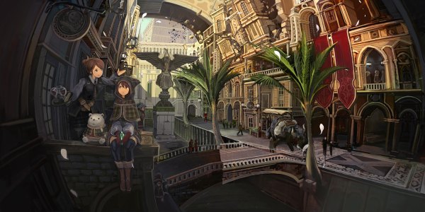 Anime picture 1200x600 with original tomohito (artist) brown hair wide image sitting multiple girls brown eyes city destruction girl 2 girls plant (plants) petals tree (trees) hood toy stuffed animal palm tree glass bridge