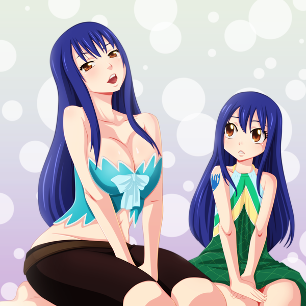 Anime picture 2500x2500 with fairy tail wendy marvell wendy (edolas) akilachione long hair highres breasts open mouth light erotic smile large breasts multiple girls brown eyes blue hair tattoo coloring girl dress 2 girls