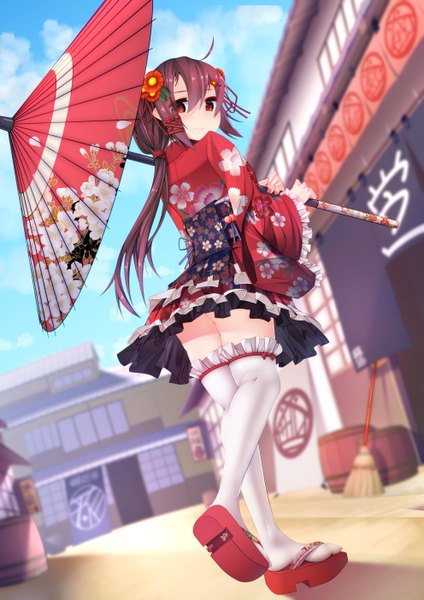 Anime picture 992x1403 with original hira (nanika no heya) single long hair tall image red eyes red hair traditional clothes looking back girl thighhighs dress hair ornament white thighhighs frills umbrella