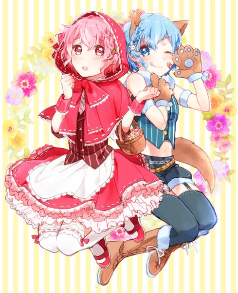 Anime picture 1500x1842 with little red riding hood puri para pretty (series) leona west dorothy west mgmgkyun tall image looking at viewer fringe short hair open mouth blue eyes smile red eyes blue hair looking away pink hair bent knee (knees) braid (braids) one eye closed