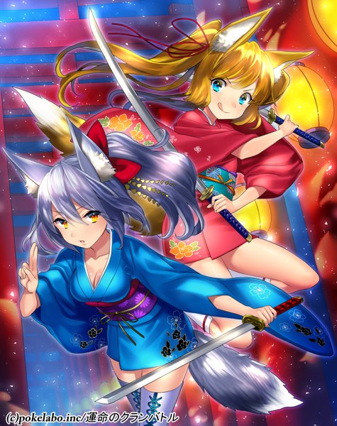 Anime picture 792x1000 with fuji minako long hair tall image blue eyes blonde hair twintails multiple girls animal ears yellow eyes silver hair ponytail tail traditional clothes japanese clothes animal tail girl thighhighs weapon 2 girls white thighhighs