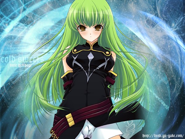 Anime picture 1024x768 with code geass sunrise (studio) c.c. single long hair looking at viewer fringe breasts light erotic yellow eyes long sleeves green hair hands behind back girl uniform detached sleeves