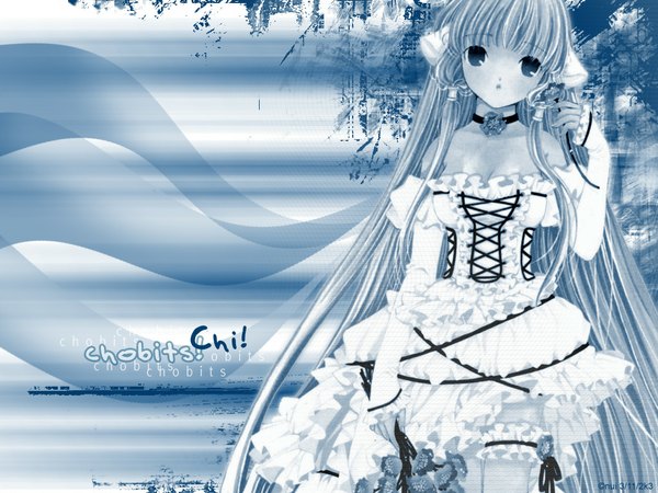 Anime picture 1024x768 with chobits clamp chii single blonde hair standing bare shoulders signed very long hair wallpaper copyright name dated monochrome lacing third-party edit girl dress flower (flowers) choker white dress