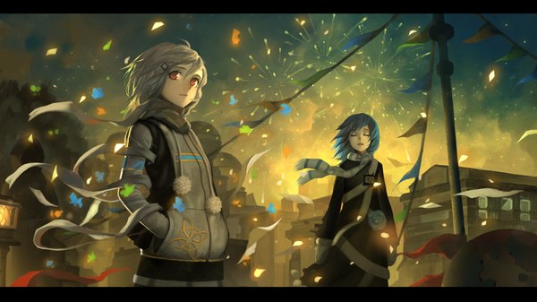 Anime picture 3840x2160 with bilibili douga bili girl 33 bili girl 22 lu ying long hair highres short hair red eyes wide image multiple girls blue hair absurdres eyes closed wind grey hair letterboxed striped framed hands in pockets fireworks
