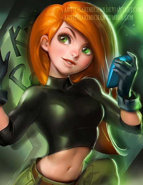 Anime picture 695x900 with kim possible disney kimberly ann possible sakimichan single long hair tall image green eyes signed looking away orange hair realistic bare belly watermark girl gloves navel black gloves turtleneck