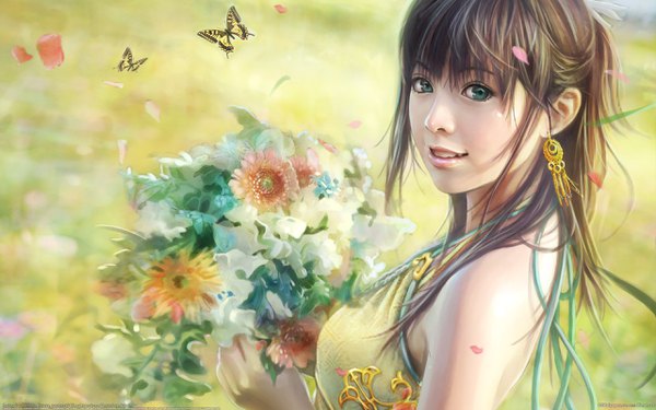 Anime picture 2560x1600 with original eat0123 single long hair looking at viewer fringe highres smile brown hair holding green eyes parted lips hair flower wind realistic wallpaper watermark halterneck girl dress