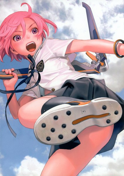 Anime picture 2465x3496 with shangri-la houjou kuniko range murata single tall image blush highres short hair open mouth purple eyes pink hair sky cloud (clouds) pleated skirt scan soles partially open clothes serious girl skirt