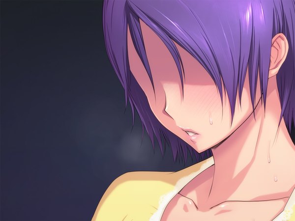 Anime picture 1600x1200 with pink doragon single blush fringe short hair purple hair parted lips sweat portrait dark background face hair over eyes girl