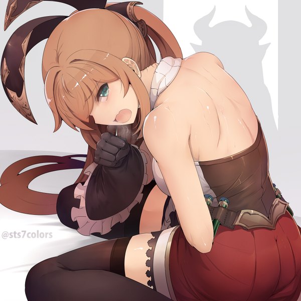 Anime picture 800x800 with granblue fantasy clarisse (granblue fantasy) sts single long hair looking at viewer open mouth blue eyes brown hair back girl thighhighs dress gloves bow black thighhighs hair bow black gloves