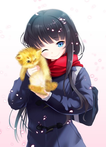 Anime picture 1200x1660 with original at-yui single long hair tall image looking at viewer blush blue eyes black hair smile one eye closed wink girl animal petals jacket scarf cat school bag