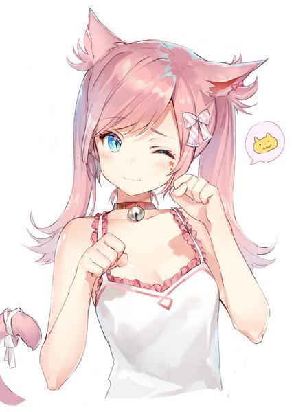 Anime picture 800x1120 with final fantasy final fantasy xiv square enix miqo'te momoko (momopoco) single long hair tall image looking at viewer blush fringe simple background white background twintails animal ears pink hair upper body tail animal tail one eye closed