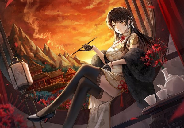 Anime picture 1500x1042 with onmyoji higanbana (onmyoji) plus1024 single long hair looking at viewer fringe black hair sitting holding yellow eyes sky cleavage braid (braids) traditional clothes parted lips mole short sleeves high heels dutch angle