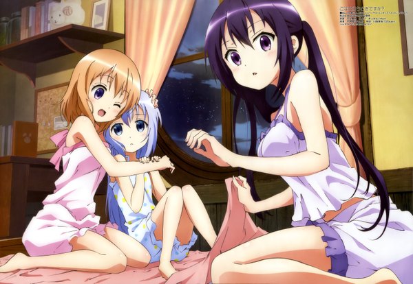 Anime picture 5916x4083 with gochuumon wa usagi desu ka? white fox megami magazine kafuu chino hoto cocoa tedeza rize long hair highres short hair open mouth blue eyes blonde hair purple eyes twintails multiple girls blue hair absurdres purple hair one eye closed wink