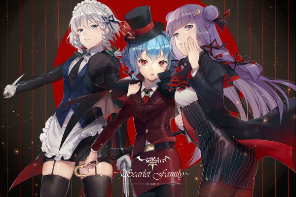 Anime picture 1927x1284 with touhou remilia scarlet izayoi sakuya patchouli knowledge ekita xuan long hair looking at viewer fringe highres short hair red eyes purple eyes multiple girls blue hair silver hair purple hair blunt bangs braid (braids) maid hair bun (hair buns)