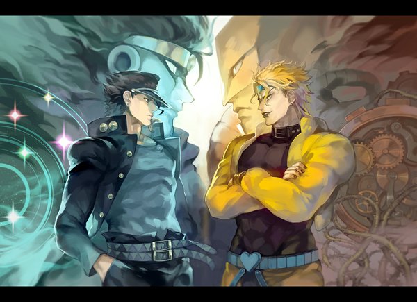 Anime picture 1100x798 with jojo no kimyou na bouken kujo jotaro dio brando star platinum the world oburaato short hair black hair blonde hair smile green eyes yellow eyes nail polish profile multiple boys crossed arms muscle hands in pockets blue skin blank eyes