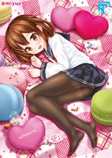 Anime picture 708x1000 with kantai collection ikazuchi destroyer kisaragi miyu single tall image blush fringe short hair open mouth light erotic smile hair between eyes brown hair brown eyes signed payot looking away bent knee (knees) lying pleated skirt