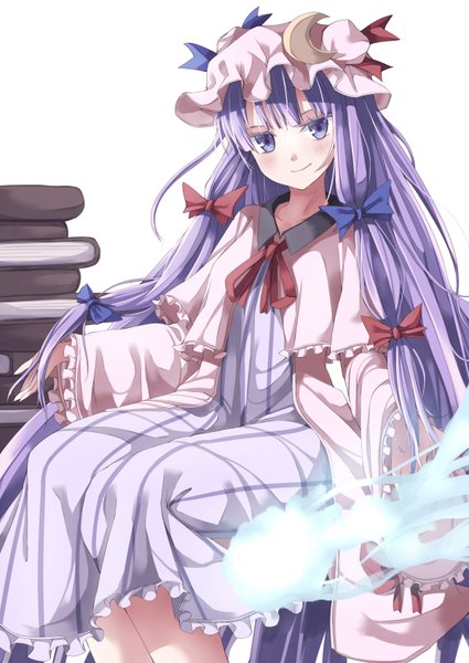 Anime picture 1200x1694 with touhou patchouli knowledge gurasion (gurasion) single long hair tall image sitting purple eyes purple hair girl dress bow hair bow book (books) bonnet