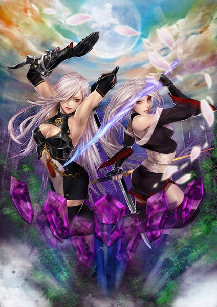 Anime picture 1240x1754 with dungeon and fighter araki long hair tall image looking at viewer breasts red eyes large breasts bare shoulders multiple girls holding looking away sky cloud (clouds) white hair armpit (armpits) arm behind head waterfall glowing weapon girl