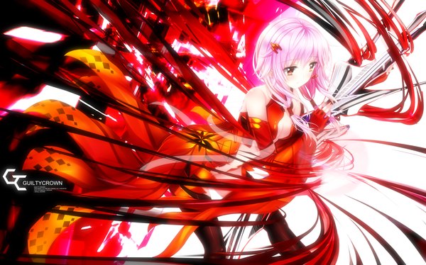 Anime picture 1813x1133 with guilty crown production i.g yuzuriha inori swordsouls single long hair highres breasts red eyes wide image bare shoulders pink hair inscription girl thighhighs gloves black thighhighs detached sleeves bodysuit