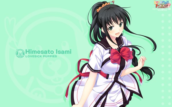 Anime picture 1920x1200 with lovesick puppies himesato isami sankuro single long hair highres open mouth black hair wide image green eyes ponytail green background girl uniform school uniform bowtie