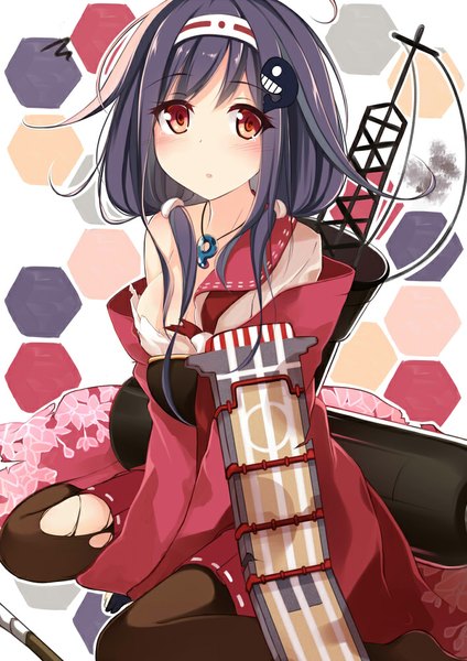 Anime picture 707x1000 with kantai collection taigei light aircraft carrier ryuuhou seaplane tender netarou single long hair tall image looking at viewer blush breasts simple background red eyes sitting cleavage purple hair traditional clothes miko torn pantyhose girl hair ornament