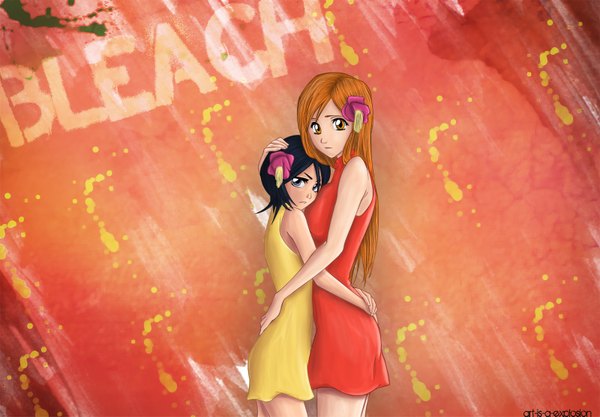 Anime picture 1600x1113 with bleach studio pierrot kuchiki rukia inoue orihime art-is-a-explosion long hair looking at viewer short hair black hair purple eyes multiple girls signed orange hair inscription orange eyes hug coloring girl dress hair ornament