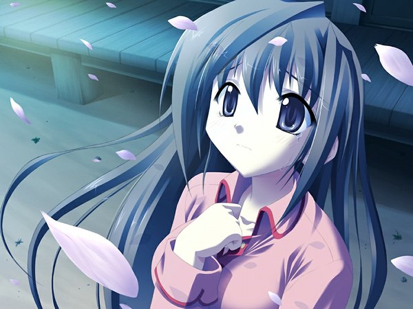Anime picture 1024x768 with koimomo long hair blue eyes black hair game cg tears girl