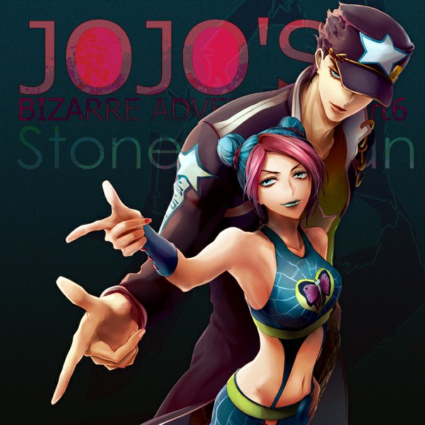 Anime picture 800x800 with jojo no kimyou na bouken kujo jotaro kujo jolyne narciso anasui joka (night gate) short hair blue eyes bare shoulders blue hair looking away pink hair nail polish multicolored hair from above two-tone hair hair bun (hair buns) copyright name hand on hip lipstick outstretched arm