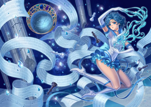 Anime picture 1086x768 with bishoujo senshi sailor moon toei animation mizuno ami sailor mercury eclosion single short hair blue eyes blue hair girl skirt gloves hair ornament miniskirt water elbow gloves boots white gloves sailor suit musical note