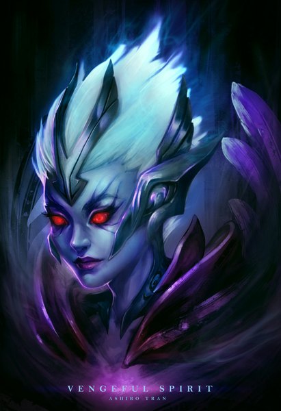 Anime picture 1574x2296 with dota 2 (game) vengeful spirit (dota 2) ashirok-on (artist) single tall image short hair red eyes white hair lips blue skin girl