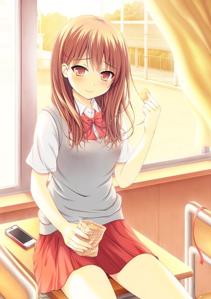 Anime picture 1378x1949 with original nakamura sumikage single long hair tall image looking at viewer smile red eyes brown hair girl skirt uniform school uniform shirt desk phone chips