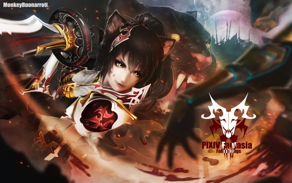 Anime picture 2292x1443 with original pixiv fantasia pixiv fantasia fallen kings monkey (weibo) long hair fringe highres black hair holding animal ears yellow eyes ponytail lips cat ears inscription teeth fang (fangs) group fighting stance bleeding