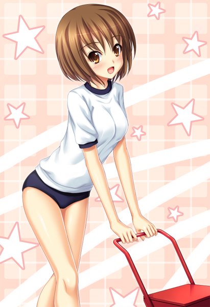 Anime picture 1112x1622 with original tomifumi single tall image blush short hair open mouth brown hair brown eyes girl uniform star (symbol) gym uniform