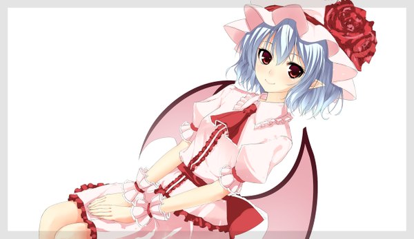 Anime picture 1280x741 with touhou remilia scarlet junior27016 looking at viewer blush short hair red eyes wide image white background blue hair girl dress wings bonnet
