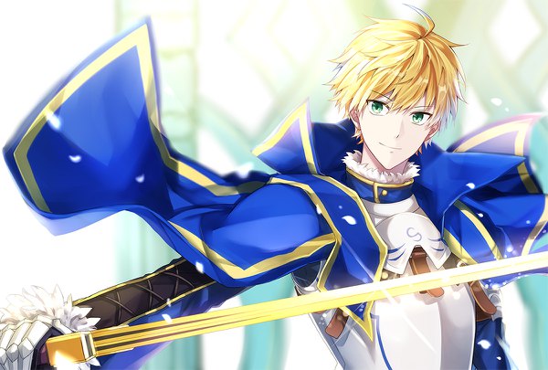 Anime picture 1200x810 with fate (series) fate/prototype arthur pendragon (fate) flywinga7 single looking at viewer fringe short hair blonde hair smile hair between eyes standing holding green eyes upper body ahoge light smile blurry boy weapon