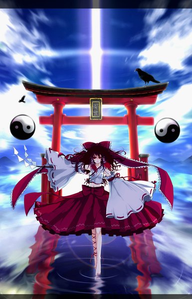 Anime picture 1350x2100 with touhou hakurei reimu yume koucha tall image red eyes brown hair cloud (clouds) sunlight reflection miko yin yang girl skirt bow hair bow detached sleeves animal water bird (birds) skirt set