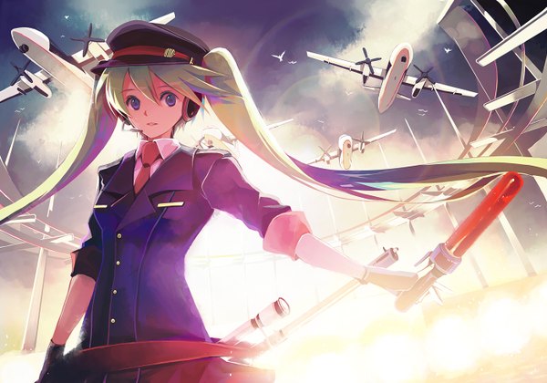 Anime picture 1400x980 with vocaloid hatsune miku chris (pixiv) long hair twintails green hair girl hat headphones aircraft airplane adjuster