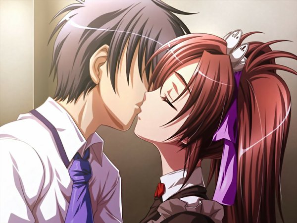 Anime picture 1024x768 with kurai mirai 4 (game) black hair game cg red hair eyes closed couple kiss girl boy