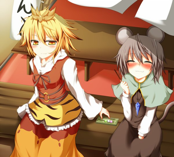 Anime picture 2000x1809 with touhou nazrin toramaru shou suterii blush highres short hair blonde hair multiple girls animal ears yellow eyes silver hair eyes closed animal tail mouse ears girl 2 girls wagashi dango