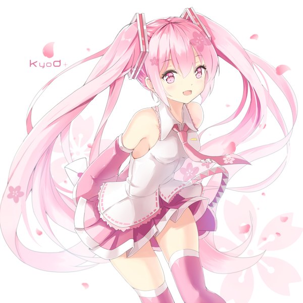Anime picture 2039x2039 with vocaloid hatsune miku sakura miku asahi kuroi single looking at viewer highres open mouth white background twintails pink hair very long hair pink eyes girl thighhighs skirt hair ornament detached sleeves miniskirt petals