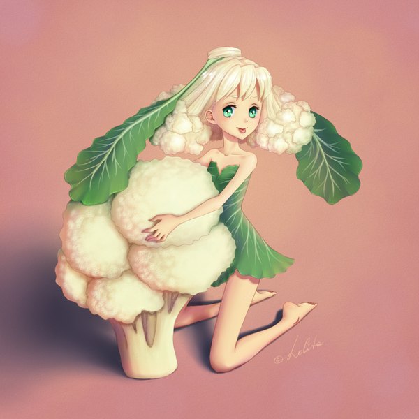 Anime picture 1500x1500 with original k-ustina xpehacbka single looking at viewer blush fringe short hair simple background bare shoulders green eyes signed full body white hair barefoot shadow kneeling girl tongue vegetables