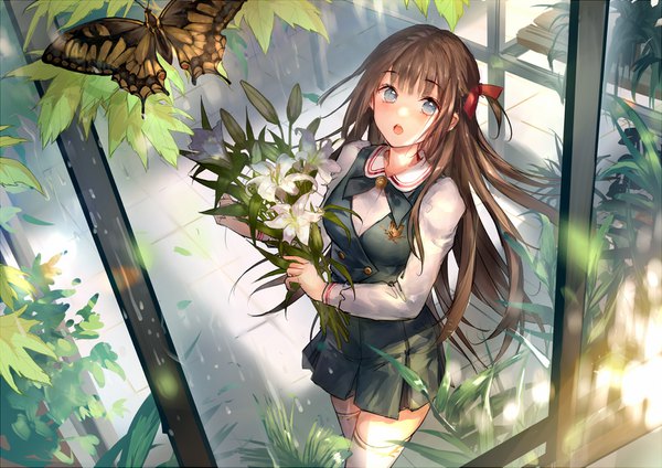 Anime picture 1606x1135 with original liiko single long hair looking at viewer blush fringe open mouth blue eyes brown hair standing holding from above :o zettai ryouiki girl thighhighs flower (flowers) plant (plants) white thighhighs