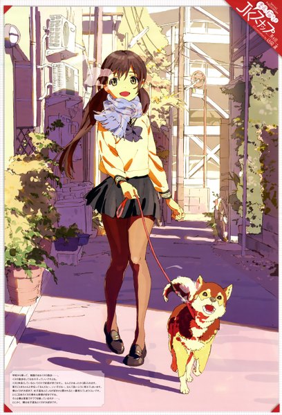 Anime picture 4088x6006 with original chikaoka sunao single long hair tall image highres open mouth brown hair standing twintails green eyes absurdres scan shadow exhalation street shiba inu girl skirt miniskirt