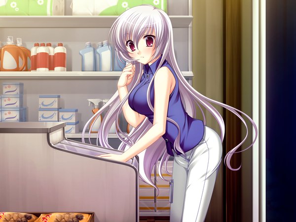 Anime picture 1600x1200 with tasogare no sinsemilla red eyes game cg white hair girl