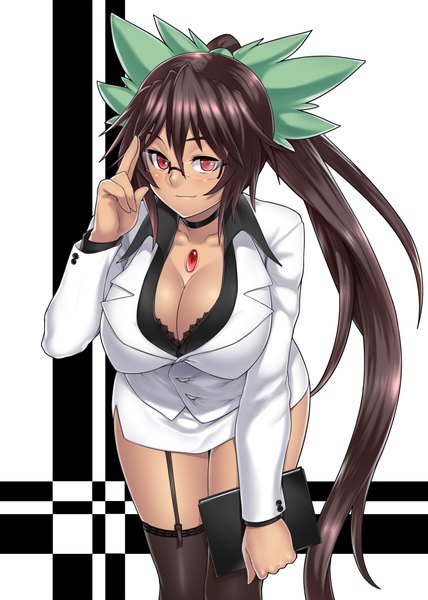 Anime picture 1426x2000 with touhou reiuji utsuho houtengeki single long hair tall image looking at viewer breasts light erotic black hair red eyes large breasts ponytail leaning leaning forward teacher girl thighhighs black thighhighs choker