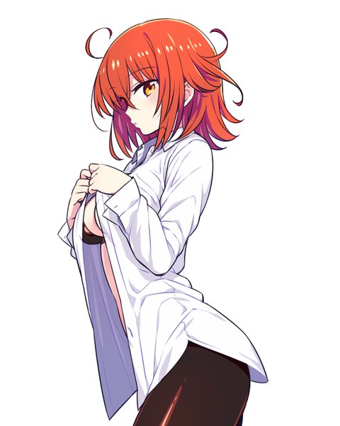 Anime picture 800x1000 with fate (series) fate/grand order fujimaru ritsuka (female) chan co single tall image looking at viewer blush short hair light erotic simple background standing white background yellow eyes ahoge red hair profile open shirt messy hair dressing
