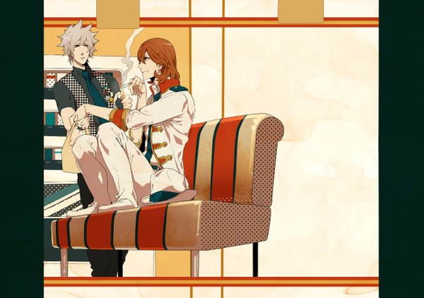 Anime picture 1319x928 with uta no prince-sama a-1 pictures pixiv kurosaki ranmaru kotobuki reiji eriojisan short hair smile sitting brown eyes grey hair orange hair multiple boys couple spiked hair boy hat necktie 2 boys bag